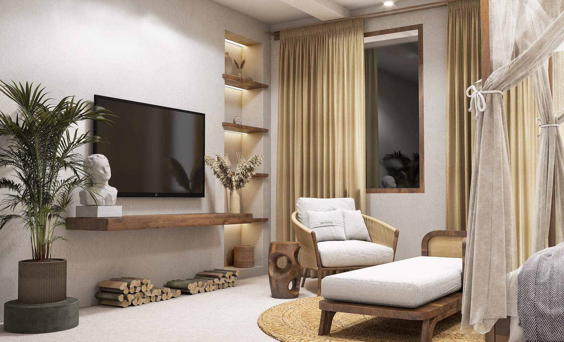 Timber shelving, woven seating and natural textures in a Morii design visualisation