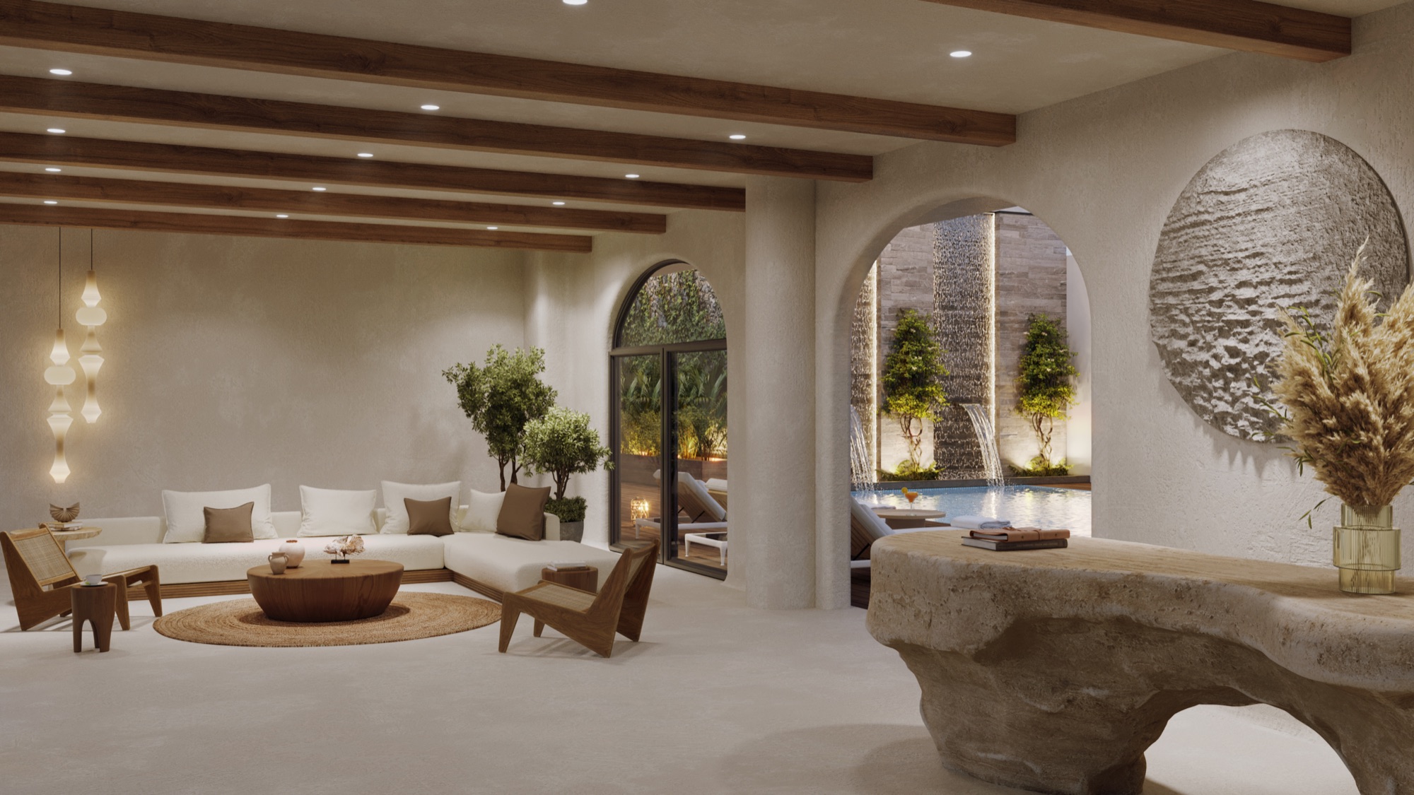 Stone, timber and arched openings in a Morii interior design visualisation